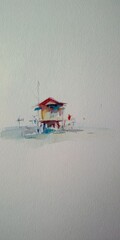 Fototapeta premium Watercolor painting of a small building by the water, red roof and muted colors