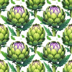 Fototapeta premium Fresh raw artichokes with vibrant purple leaves are isolated on a green background, offering a healthy and organic vegetarian food produce perfect for nutrition and nature-focused agriculture