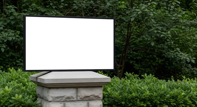 A blank billboard stands tall amidst lush green foliage in a serene outdoor setting.