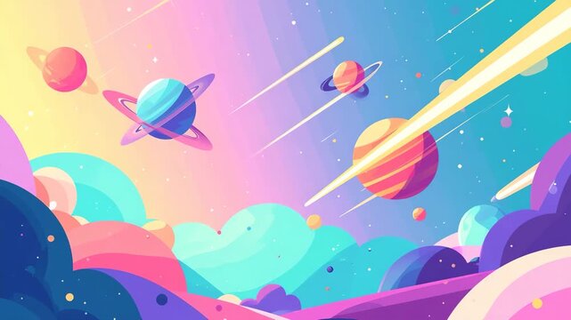 Abstract illustration with planets, colorful background, and cosmic elements