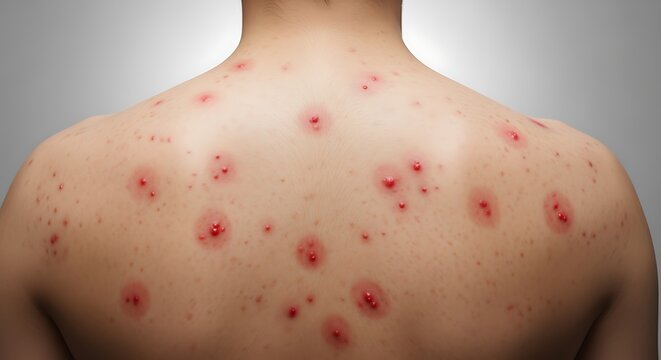 Person with multiple red acne spots on back skin condition