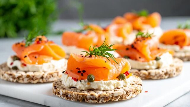 Smoked salmon bites with cream cheese and dill on crackers, close-up