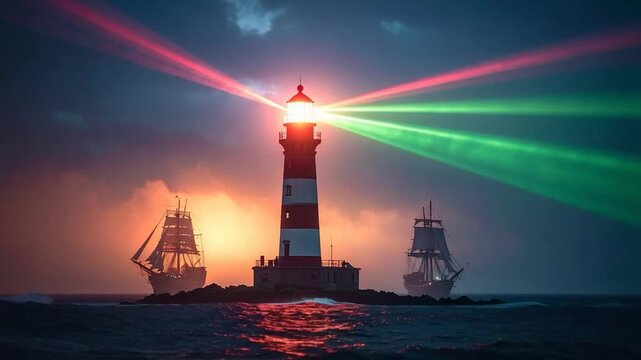 Lighthouse with ships at sea under a colorful sky with light rays