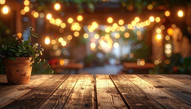 Warm, inviting evening patio setting with string lights and a potted plant.