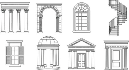 Naklejka premium Classical architecture elements line icons set with columns, arch, window, door, dome and spiral staircase for historic building and architectural design
