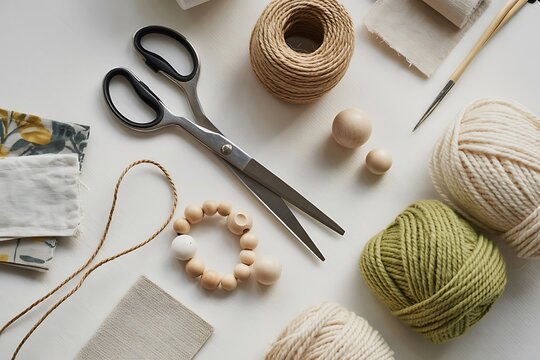 Crafting tools and materials for DIY projects, knitting and sewing