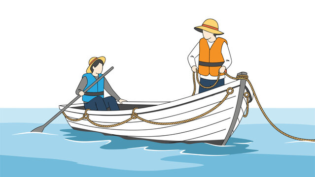 Two men in life jackets navigate a white wooden rowboat across blue water with oars and ropes in a simple illustration.