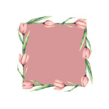 pink square frame with watercolor tulips