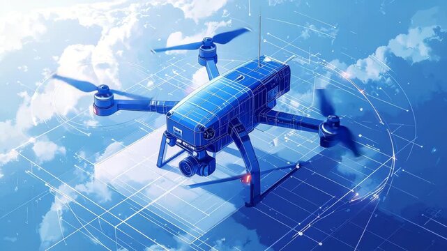 Blue aerial drone illustration, circuit grid backdrop, clear sky