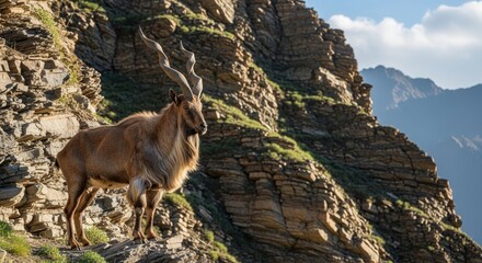 Obraz premium Majestic Wild Goat Standing on Rocky Mountain Cliff at Dusk
