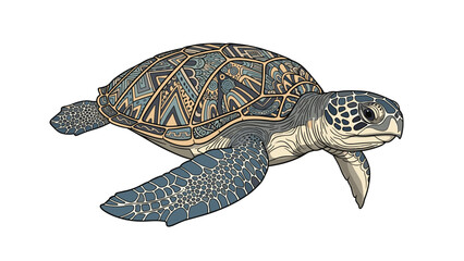 Obraz premium Sea turtle illustration features intricate shell patterns and detailed textures in a peaceful swimming pose on a plain white background.