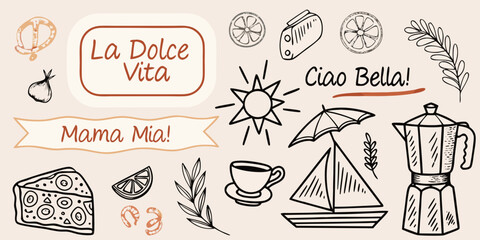 Italian themed doodles with lettering food and travel elements © SagoriRani