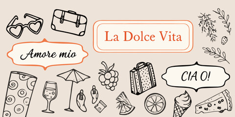 Italian travel themed illustration with sunglasses suitcase and lettering © SagoriRani