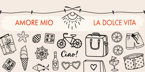 Travel themed illustration with italian phrases and hand drawn summer objects © SagoriRani