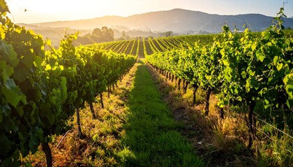 Vineyard rows at sunset in Napa Valley, California.