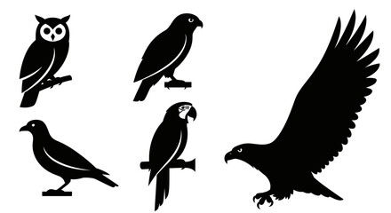 Fototapeta premium Collection of various bird silhouettes including owl, eagle, parrot, and crow