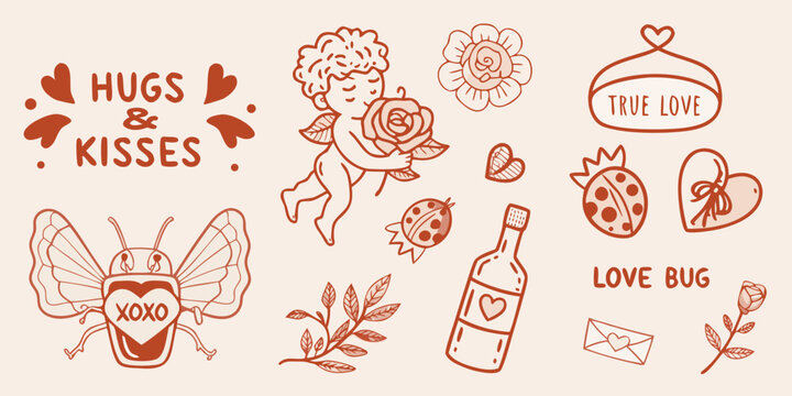 Romantic doodles featuring a cupid flowers insects and loving messages