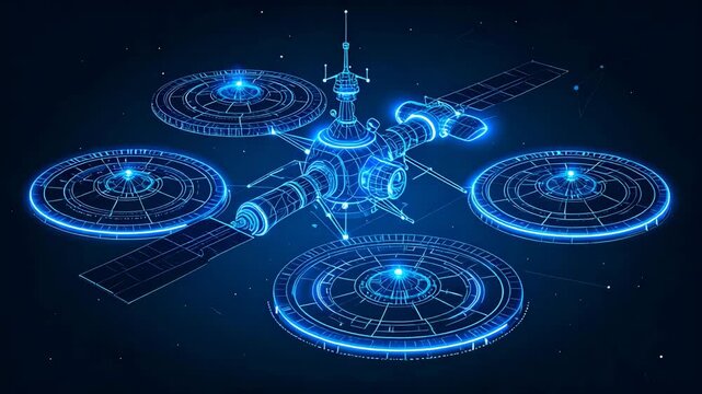Futuristic blue schematic of a space station with orbiting components