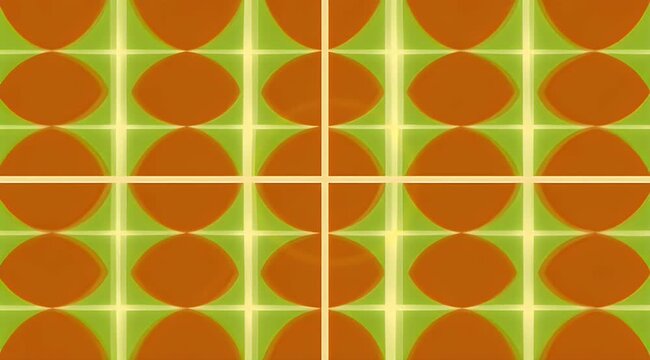 Geometric pattern with orange ovals and a lime green grid background