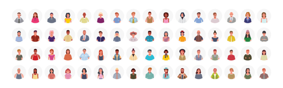 Set of diverse people avatars. Multiethnic male and female user portraits. Human face icon collection. Smiling men and women characters. Vector illustration