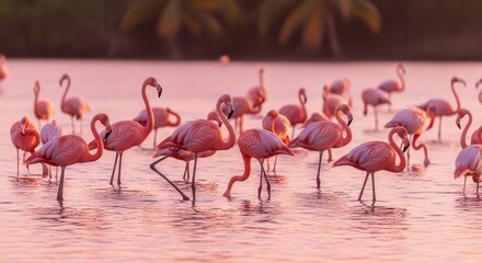 Obraz premium Serene Group of Pink Flamingos Standing Wading in Shallow Water at Sunset