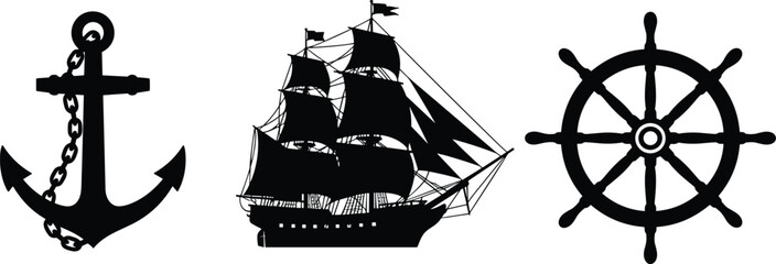 Anchor silhouette icon, sailing ship vector, nautical wheel design, maritime symbol illustration, sea travel graphic, ocean navigation art, marine heritage © Hello World