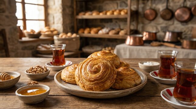 A rustic bakery table with a plate of freshly azerbaijani shor gogal and traditional Turkish breakfast items