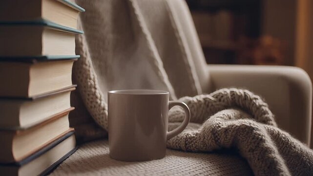 Cozy morning with steaming cup of coffee and stack of books