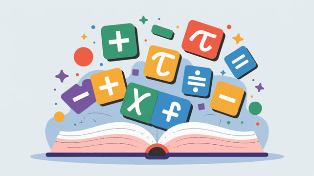 Colorful math symbols emerge from open book on education and learning concepts