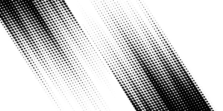 Abstract black and white halftone dots pattern background, diagonal pop art texture with gradient stipple effect for modern graphic design and comic style.