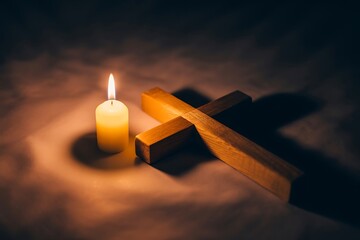 Lit candle and wooden cross on table, symbolic religious scene