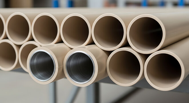 Detailed Close Up of Stacked Beige CPVC Plastic Piping Showing Hollow Cross Section and Smooth Interior Bore for Professional Plumbing Construction and Domestic Water Supply System Installation.