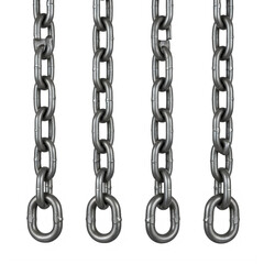 Four metal chains hanging vertically with oval links and rings at the bottom. isolated on transparent background