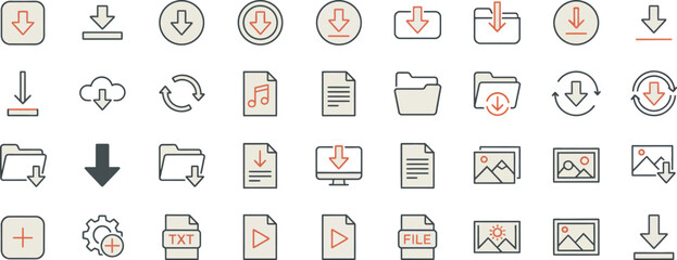 Fototapeta premium Minimal Download and File Management Line Icons Set with Cloud, Folder and Document Symbols