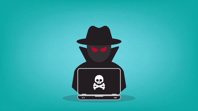 Cybersecurity Hacker Attack Animation &ndash; Anonymous Cyber Criminal with Laptop and Malware Skull Symbol, Internet Security Threat, Data Breach, Phishing, Ransomware and Hacking Concept