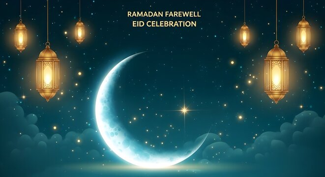 Lebaran greeting poster with a dark blue to teal night sky gradient. A glowing crescent moon and hanging golden lanterns illuminate twinkling stars and floating particles, creating a magical Eid atmos