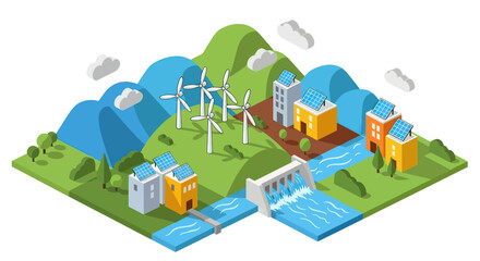 Isometric Green Energy Landscape with Wind Turbines and Hydroelectric Dam.
