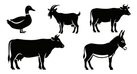 Farm Animals Silhouettes Collection: Duck, Goat, Cows, and Donkey Icons