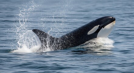 Obraz premium Spectacular Killer Whale Breaching Out of Ocean Surface in Motion