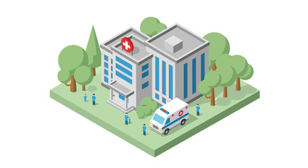 Isometric Hospital Building with Ambulance and Green Trees.