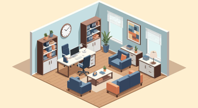 Isometric Home Office Interior with Desk, Chairs, and Bookshelves.
