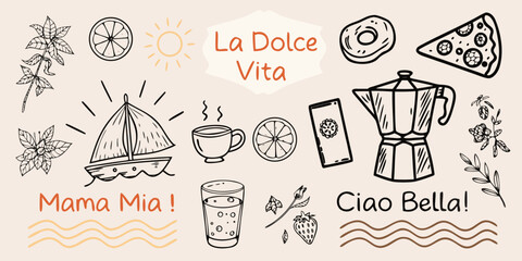 Italian themed doodles showcase food travel and coffee elements © ChandanaRani