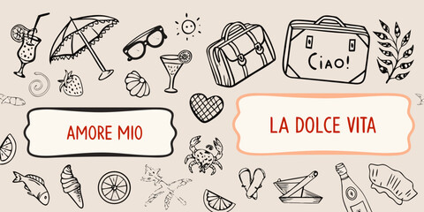 Summer vacation doodles with italian phrases and travel essentials © ChandanaRani