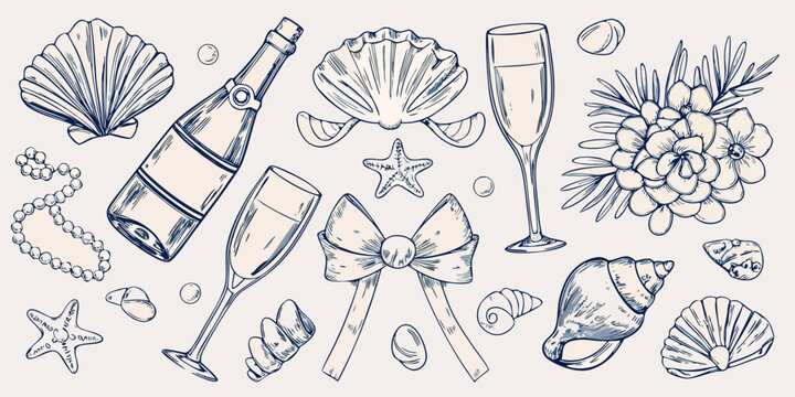 Vintage illustration featuring shells champagne glasses and floral arrangements