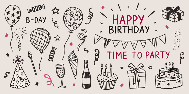 Hand drawn birthday doodles including balloons cake and celebratory elements