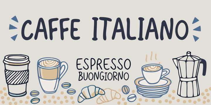 Italian coffee illustration featuring espresso cappuccino and a moka pot