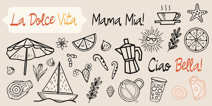 Italian summer doodles lemons beach items and cheerful phrases
