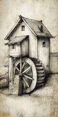 Obraz premium A monochrome architectural rendering of an old watermill, complete with wheel, building, and stone supports