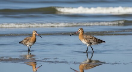 Obraz premium Serene Beach Scene with Two Shorebirds Walking Along the Wet Sand