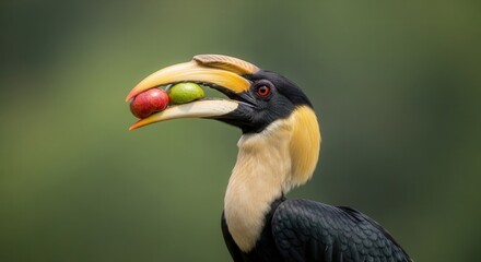 Vibrant Tropical Bird with Colorful Fruit in Beak and Natural Background
